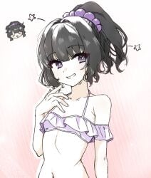 1girls bathing_suit bikini black_hair danganronpa_another fanganronpa female female_only flat_chest flat_chested kurokawa_mikako only_female ponytail purple_eyes smile smiling solo solo_female
