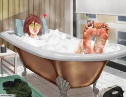 bath bathing bathroom bubble bubble_bath clothes_on_floor clothes_removed empiricalsmut feet female female_only glasses kat_(empiricalsmut) nude_female original_character short_hair soles solo solo_female toe_ring toes unworn_clothes
