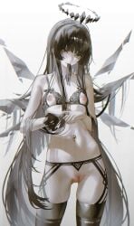 1girl arknights black_bra black_eyes black_garter_belt black_garter_straps black_gloves black_hair black_halo black_thighhighs black_wings bra breasts censored commentary detached_wings garter_belt garter_straps glove_in_mouth gloves halo highres iumu long_hair looking_at_viewer mole mole_under_eye mosaic_censoring mouth_hold navel navel_piercing nipple_cutout nipples piercing pussy simple_background small_breasts solo stomach thighhighs thighs underwear very_long_hair virtuosa_(arknights) white_background wings