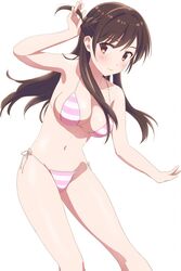 bangs bare_shoulders bikini blush braid breasts brown_eyes brown_hair cleavage female french_braid kanojo_okarishimasu komatsu_(pixiv54047) komatsu_(sakanae) large_breasts legs long_hair looking_at_viewer looking_to_the_side mizuhara_chizuru navel official_style pantsu pink_bikini pink_swimsuit side-tie_bikini sidelocks smile solo stomach string_bikini string_panties striped striped_bikini striped_swimsuit swimsuit thighs tied_hair underwear white_background