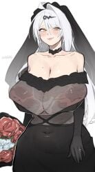 1girl absurdres ahoge artist_name bare_shoulders black_dress black_veil blush bouquet breasts closed_mouth collarbone commentary_request covered_navel dress earrings flower grey_hair hair_between_eyes hair_ornament hairclip highres holding holding_bouquet huge_breasts inverted_nipples jewelry korean_commentary long_hair mole mole_on_breast red_flower red_rose ring rose see-through_clothes see-through_dress simple_background single_hair_intake smile solo veil wedding_dress white_background yellow_eyes yixuan_(zenless_zone_zero) zenless_zone_zero