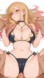 1boy 1girl ai_generated anal areola_slip artist_name bangs bikini black_bikini black_choker blonde_hair blush breasts cameltoe choker cleavage ear_piercing earrings explicit floral_print gradient_hair hetero holding_hands jewelry kitagawa_marin large_breasts long_hair lying marin_kitagawa multicolored_hair my_dress_up_darling navel necklace on_back parted_lips patreon penis piercing pink_hair pink_nails pov print_bikini red_eyes sex side-tie_bikini_bottom solo_focus spread_legs stomach swimsuit teenage_girl thighs white_background
