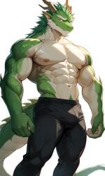 1boy abs ai_generated anthro bara buff claws dragon dragon_furry ears furry furry_dragon furry_male gay hyena_ears hyena_tail looking_at_viewer male_focus muscular muscular_male nipples pectorals sfw tail topless_male yaoi