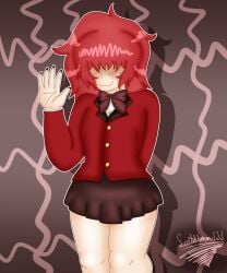1boy 1boys beryl_(scribbleman123) blush blushing blushing_at_viewer blushing_male bowtie button_down_shirt clothed clothing femenine femenine_body femenine_male feminized_male hair_covering_eye hair_covering_eyes hand_behind_back nervous nervous_smile nipple_bulge nipples_visible_through_clothing no_visible_eyes painted_nails red_hair red_nails scribbleman123 shaky_smile skirt uniform waving waving_at_viewer