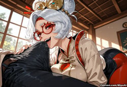 1boy 1girl ai_assisted ai_generated breasts cleavage cum curvaceous curvy curvy_female curvy_figure female glasses hetero indoors large_breasts licking mature_female milf miyuai pants penis purah red-framed_eyewear red_eyes saliva semi-rimless_eyewear short_hair solo_focus the_legend_of_zelda thick thick_ass thick_butt thick_hips thick_legs thick_thighs tongue tongue_out voluptuous voluptuous_female watermark white_hair wide_hips wide_thighs window