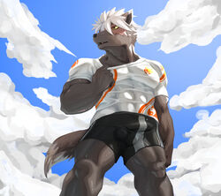 1boy abs anthro black_body black_fur bottomwear bulge canid canine canis clothing detailed_bulge domestic_dog fur hair hi_res male male_only mammal muscular muscular_anthro muscular_legs muscular_male pecs pitania4 scar shorts solo tadatomo tight_clothing tokyo_afterschool_summoners video_games white_hair