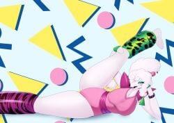 1female 1girls 2d_(artwork) 80s_clothing aerobics_clothing alternate_version_available anthro artist_request bedroom_eyes cosplay digital_media_(artwork) eyeshadow five_nights_at_freddy's five_nights_at_freddy's:_security_breach fnaf furry furry_female glamrock_chica_(cosplay) large_breasts looking_at_viewer original_character poodle skye_darkclaw solo solo_female spandex spread_legs tagme thick_thighs trans_woman white_body white_fur white_hair workout workout_clothes