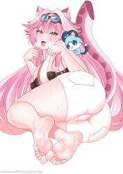 :3 animal_ears feet foot_focus hololive hololive_english panther_ears panther_girl panther_tail pink_hair raora_panthera shorts soles sweat tagme tail thighhighs toes virtual_youtuber white_shorts