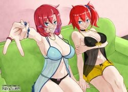 2girls ami_aiba arm_at_side artcetona babydoll black_babydoll black_panties blue_babydoll blush closed_mouth digimon digimon_story digimon_story:_cyber_sleuth grin gyaru_v holding_own_arm large_breasts lingerie looking_at_viewer multiple_girls nokia_shiramine panties shorts sitting_on_sofa smile thighs yellow_shorts