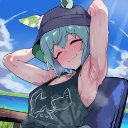 1girls 2d ai_generated alternate_costume animal_ears armpit_fetish armpits arms_behind_head arms_up black_tank_top blue_sky blush breasts chair closed_eyes closed_mouth cloud day ears_through_headwear female female_only green_hair hat horse_ears horse_girl horse_tail outdoors seiun_sky_(umamusume) short_hair sitting sky sloppingslurpie small_breasts smile solo solo_female steam sweat sweatdrop tail tank_top umamusume umamusume_pretty_derby upper_body