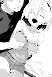 1boy 1girl black_mouth breasts camisole closed_eyes collarbone commentary_request covered_nipples grabbing_another's_breast greyscale groping henyaan_(oreizm) highres higurashi_no_naku_koro_ni houjou_satoko knife medium_breasts monochrome open_mouth short_hair shorts simple_background sitting smile sweat teeth thighs upper_teeth_only white_background