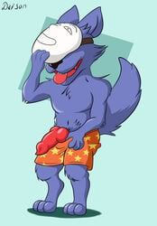 animal_genitalia animal_penis anthro blue_body bottomwear canid canine canine_penis canis clothing daison_the_fox genitals hi_res kedamono_(popee_the_performer) knot male mammal mask penis popee_the_performer presenting shorts solo tongue wolf