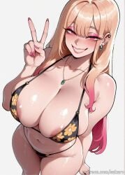 1girl ai_generated areola_slip bangs bare_shoulders bikini black_bikini blonde_hair blush breasts cleavage collarbone ear_piercing earrings floral_print grin huge_breasts jewelry kitagawa_marin large_breasts long_hair looking_at_viewer marin_kitagawa multicolored_hair navel necklace piercing pink_eyes pink_hair pink_nails print_bikini sakaro smile solo swimsuit teeth thighs v