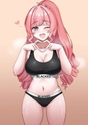1girl 1girls absurdres ai_assisted ai_generated ass_visible_through_thighs blacked blacked_clothing blue_eyes blush breasts collarbone commentary commission curly_hair edit english_commentary female female_only grok heart heart_hands high_ponytail highres indie_virtual_youtuber large_breasts light-skinned_female light_skin long_hair looking_at_viewer navel olivia_monroe one_eye_closed open_mouth panties pink_background pink_hair ponytail smile solo sports_bra steaming_body stomach sweat thighs tits trrlwd truubluu virtual_youtuber