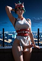 1futa ai_generated armpits balls breasts brown_eyes erection fit fit_futa futanari green_hair kiriko_(overwatch) kiriko_kamori overwatch overwatch_2 penis short_hair sparcy testicles