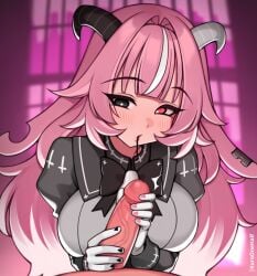 1boy 1girl @_@ artist_name black_bow black_dress black_eyes black_horns black_saliva black_tongue blurry blurry_background blush bow breasts collared_dress commentary dress drooling earclip english_commentary femme_soule gloved_handjob gloves hair_intakes handjob horns indoors kuroonehalf large_breasts long_hair long_sleeves looking_down mismatched_pupils multicolored_hair penis pink_eyes pink_hair pukey_goddess_shot_trick solo_focus spitting streaked_hair two-tone_hair uncensored white_gloves white_hair