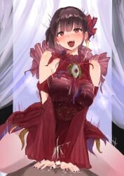 aguilera blush breasts brown_hair clothing cum cycloneaction dress ejaculation eyaculation hana_natsuki heart kamen_rider kamen_rider_revice_(series) red_eyes thighs tokusatsu