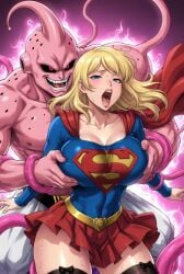 1boy1girl ai_generated blonde_hair crossover dc_comics dragon_ball_z majin_buu pink_skin supergirl