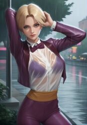1girls ai_generated blonde_hair blue_eyes eidedodidei female king_(snk) king_of_fighters medium_breasts pale_skin rain see-through water wet
