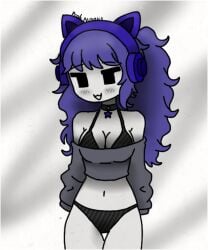 bikini geometry_dash headphones purple_hair smiling standing white_background