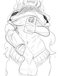 1futa balls big_breasts clothed erection futanari grin hidden_eyes huge_cock long_hair phone selfie shirt_lift tagme