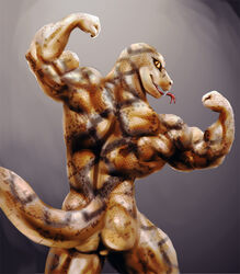 ass back_muscles backsack balls barely_visible_balls barely_visible_genitalia biceps big_biceps big_muscles bleakcat brown_body brown_markings brown_scales colored deltoids detailed digital_media_(artwork) digital_painting_(artwork) fist flexing flexing_bicep genitals glistening glistening_body glistening_scales handofblades humanoid_hands light looking_at_viewer looking_back looking_back_at_viewer male manly markings multicolored_body multicolored_scales muscular muscular_male nude nude_male open_mouth open_smile pink_tongue pinup portrait pose rear_view reptile scales scalie shaded simple_background smile snake solo standing tan_body tan_scales three-quarter_portrait tongue tongue_out two_tone_body two_tone_scales yellow_eyes