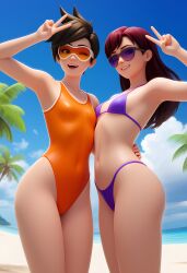 2d 2d_(artwork) 2girls ;) ai_assisted ai_generated asian asian_female beach beach_background bikini bikini_bottom bikini_top blizzard_entertainment bra breasts british british_female brown_hair brunette clothed clothing d.va digital_drawing_(artwork) digital_media_(artwork) female female_focus female_only hana_song headwear hi_res high_quality high_resolution highres korean korean_female lena_oxton looking_at_viewer one-piece_swimsuit one_eye_closed overwatch panties peace_sign petite petite_body petite_female pose posing presenting purple_bikini purple_bra purple_panties showing_off slim_waist small_breasts smile smiling swimsuit swimwear thick_thighs tracer underwear visor wink winking winking_at_viewer