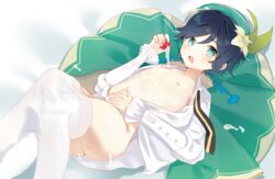 1boy adult ass black_hair blue_eyes blue_hair blush cum cum_on_body cum_on_food femboy genshin_impact male_only naked nipples partially_clothed re shirtless strawberry teal_eyes teal_hair thick_thighs thighhighs thighs trap venti_(genshin_impact)