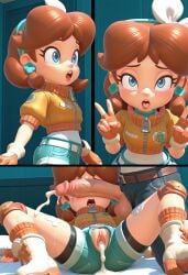 1boy 1girl ai_generated belt blue_eyes boots brown_hair cock_over_eyes cum cum_on_face fingerless_gloves headband jacket multiple_views pants penis_on_face penis_over_eyes princess_daisy shorts super_mario_bros. tongue_out v_sign