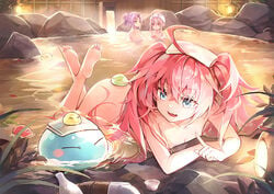 1other 3girls adult ass barefoot bath bathhouse big_breasts blue_eyes blush breasts feet feet_up horns milim_nava miya_10123 multiple_girls naked oni oni_horns pink_eyes pink_hair purple_eyes purple_hair rimuru_tempest shion_(tensei_shitara_slime_datta_ken) shuna_(tensei_shitara_slime_datta_ken) tensei_shitara_slime_datta_ken thick_thighs thighs twintails water wet