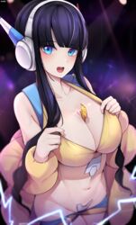 1girls bad_censor bangs black_hair blue_eyes blush breasts cleavage coat colored covering crotch_lines ddangbi electricity elesa_(pokemon) elesa_(pokemon_bw2) exposing_chest female female_only game_freak gym_badge_(pokemon) gym_leader headphones huge_breasts long_hair looking_at_viewer midriff navel nintendo object_between_breasts pokemon pokemon_bw pokemon_bw2 pulling_clothing short_shorts smile sparkling_background spotlights tagme thick_thighs thighs tight_clothing tight_shorts twintails