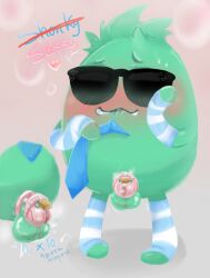 balls bean_(dumb_ways_to_die) blushing caged_cock cock_cage dumb_ways_to_die male male_focus male_only penis sassy striped_socks sunglasses text thighhighs tie