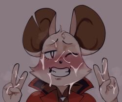 1girls after_sex blush clothed cum cum_on_face cum_on_hands cum_over_eye facial furry headshot jontainaka looking_at_viewer mina_(mina_the_hollower) mina_the_hollower mouse_ears mouse_girl one_eye_closed smiling solo v_sign