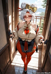 1girl ai_assisted ai_generated bare_shoulders black_gloves breasts curvaceous curvy curvy_female curvy_figure female glasses gloves hair_bun hair_ornament huge_breasts looking_at_viewer mature_female milf miyuai pantyhose purah red_eyes short_hair silver_hair skirt smile solo standing the_legend_of_zelda thick thick_ass thick_butt thick_hips thick_legs thick_thighs voluptuous voluptuous_female wide_hips wide_thighs