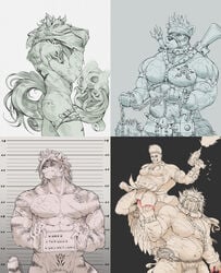 anthro ass bathym canid canid_demon canine canis chains demon eruprior evil_counterpart felid group gun hi_res horkeukamui horn human macan_(tokyo_afterschool_summoners) machine_gun magan male male_only mammal mugshot muscular muscular_anthro muscular_male muzzle_(object) muzzled nipples nomad_(tokyo_afterschool_summoners) nude pantherine pecs pollux ranged_weapon tattoo tiger tokyo_afterschool_summoners video_games weapon wolf