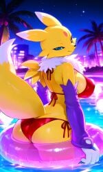 23afterhours ai_art ai_generated anthro anthro_female beautiful beautiful_girl curvy_body curvy_female curvy_figure digimon furry furry_female furry_only huge_breasts looking_at_viewer looking_back night night_sky palm_tree pool pool_float pool_toy poolside red_bikini red_bikini_bottom red_bikini_top renamon renamon_(digimon) summer vaporwave yellow_body