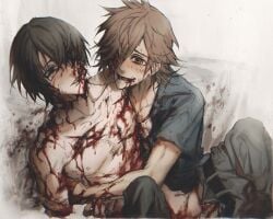 2boys abuse amputee araken black_hair blood blood_on_chest blood_on_face brown_hair commentary_request cuts double_amputee guro highres hug implied_cannibalism injury looking_at_another male_focus mita_makoto multiple_boys pants sakiyama_youji saliva saliva_trail scar shirt sweet_pool topless_male yaoi
