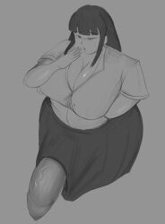 1futa 1girls alternate_body_type alternate_breast_size big_ass big_breasts black_hair bulge erection erection_under_skirt futanari huge_breasts huge_penis monochrome monoe nervous precum skirt smug sweatdrop thick_hips throbbing_penis yume_nikki