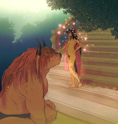 1boy 1girl absurdres aphrodite_(mythology) black_hair braid breasts brown_hair bug butterfly female_pubic_hair furry furry_male furry_with_non-furry futanari glowing_butterfly greek_mythology hand_on_another's_head highres horns interspecies medium_breasts minotaur multiple_braids nipples nude pink_shawl pubic_hair railing shawl spicymotte stairs teratophilia tree