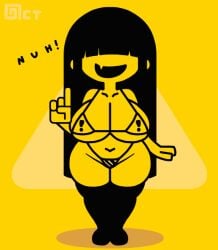 1girls animated bikini black_hair breasts caution_sign fang female_only gif hime_cut huge_breasts long_hair micro_bikini navel octotron2000 plump self_upload shortstack skin_fang smug solo solo_female text thick_thighs thighhighs wagging_finger warning_sign warning_sign_person wide_hips