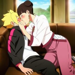 1boy 1girls adult_and_teenager age_difference ai_generated before_sex blonde_hair boruto:_naruto_next_generations brown_hair couch couple cuddling double_bun female indoors kissing living_room male mature_female milf older_female_and_younger_male sex straight tenten uncensored uzumaki_boruto