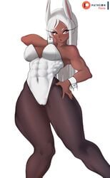 1girls alternate_version_available big_breasts breasts bunny_ears cameltoe dark-skinned_female dark_skin eye_contact female female_only fiera_(artist) large_breasts leotard long_hair looking_at_viewer miruko muscular_female my_hero_academia pantyhose red_eyes rumi_usagiyama solo standing thick_thighs tight_clothing white_background white_hair wide_hips