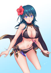 1girls alternate_costume bangs belt bikini black_belt black_bikini black_cape black_swimsuit blue_background blue_eyes blue_hair bracelet breasts byleth_(fire_emblem) byleth_(fire_emblem)_(female) byleth_(summer)_(fire_emblem)_(female) cape cleavage commentary_request cropped_legs eyebrows_visible_through_hair female fire_emblem fire_emblem:_three_houses fire_emblem_heroes flower gradient gradient_background hair_flower hair_ornament halterneck hibiscus highres jewelry knife large_breasts long_hair looking_at_viewer navel nintendo official_alternate_costume parted_lips red_flower sheath sheathed solo sparkle standing suzuhiro swimsuit tassel