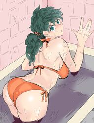 1girls ass bathtub bikini butadon female female_deku female_only female_solo genderswap_(mtf) green_eyes green_hair in_water izuku_midoriya katsuki_bakugou_(cosplay) looking_at_viewer looking_back my_hero_academia orange_bikini rule_63 scars side_tie_panties solo solo_female two_piece_swimsuit