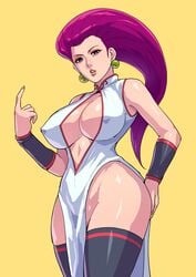 1girls alternate_breast_size alternate_version_available big_breasts blue_eyes china_dress chinese_clothes cirenk cleavage earrings eyeshadow female female_only huge_breasts jessie_(pokemon) large_breasts long_hair looking_at_viewer nintendo nipple_bulge nipples_visible_through_clothing pokemon purple_hair solo team_rocket thick_thighs thighhighs tight_clothing voluptuous wide_hips