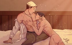 2boys abs attack_on_titan before_sex black_hair blonde_hair erwin_smith fenixxlight foreplay gay levi levi_ackerman male male/male male_focus male_only nude nude_male shingeki_no_kyojin yaoi