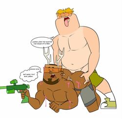 2boys 5_fingers 5_toes anal anal_insertion anal_sex balls_deep barefoot biceps big_ass big_butt black_eyes blonde_hair bubble_ass bubble_butt buttsex cartoon_network chest chubby chubby_male deer_horns dialogue dj_(tdi) dot_eyes dotted_eyes english_text fat_man gay gay_sex goatee goggles good_boy grey_shorts hands_on_ass iyumiblue male_only muscular_chest muscular_pecs no_nipples open_legs open_mouth orange_goggles orgasm owen_(tdi) paintball_gun pecs pectorals pleasure_face pleasured speech_bubble spread_legs surprise surprise_buttsex surprise_sex surprised surprised_expression surprised_face talking_to_partner tan tanline tanlines teeth text text_bubble thick_ass thought_bubble toes tongue tongue_out topless topless_male total_drama_island white_background white_skin yaoi yellow_hair