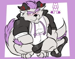 anthro behemoth_(tokyo_afterschool_summoners) blush bulge clothing dildo fur hair hi_res hoodie horn male male_only monster muscular muscular_anthro muscular_male pecs purple_hair sex_toy solo speedo swimwear tokyo_afterschool_summoners topwear torquewintress video_games white_body white_fur