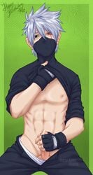 1boy cum green_background hatake_kakashi male male_nipples male_only masturbation naruto pectorals penis raised_shirt scar scar_across_eye sinyaru solo_male