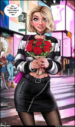 3girls aroma_sensei black_nail_polish black_nails black_skirt blonde_hair choker clothed_female clothing cropped_shirt dressing eyebrow_piercing female flowers gray_eyes gwen_stacy high_resolution highres looking_at_viewer marvel marvel_comics nail_polish piercing rose_(flower) skirt smile smiling smiling_at_viewer spider-gwen spider-man:_into_the_spider-verse spider-man_(series) tight_skirt tights wholesome